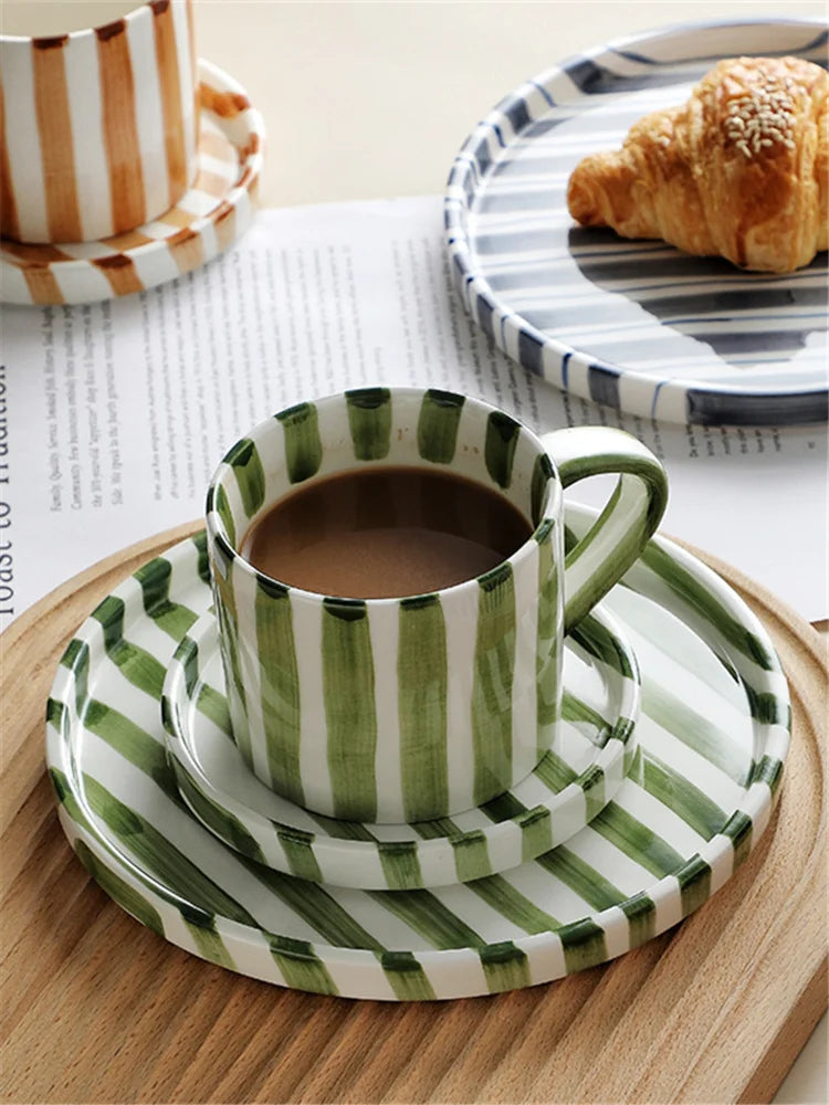 Minimalist striped hand drawn cup and plate set, ceramic milk coffee cup, 280ml/9.5oz afternoon tea coffee cup, household drinki