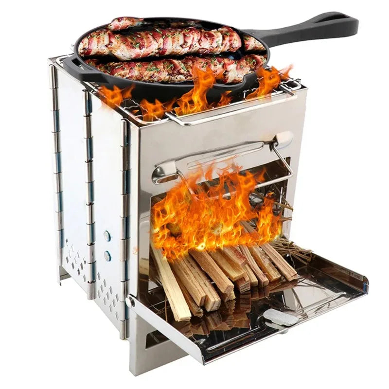 Square Wood Burning Camping Stove Outdoor Survival BBQ Mini Grill BBQ Outdoor Camping Firewood Folding BBQ Picnic Stove