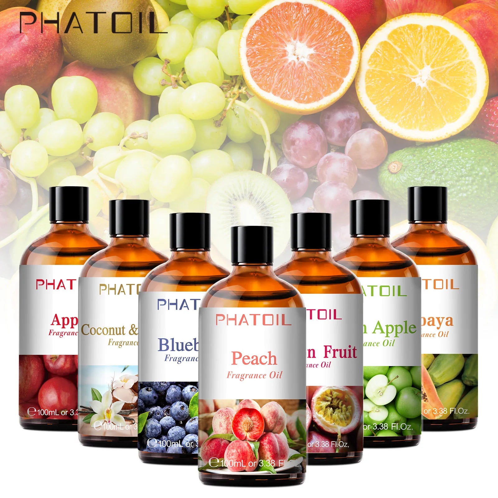 PHATOIL 100ml Fruity Fragrance Oil for Diffuser Candles Making -Coconut & Vanilla Strawberry Lemon Peach Aroma Essential Oils
