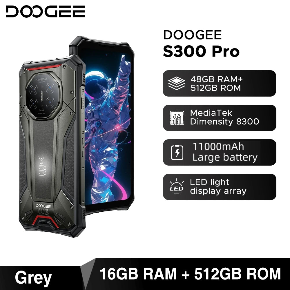 Global Version DOOGEE S300 Pro Rugged Phone 48GB+512GB Dimensity 8300 11000mAh Battery 66W 6.78” FHD+120Hz Android16 Smartphone