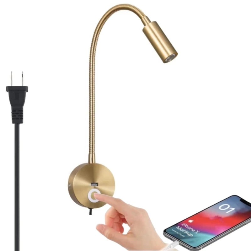 Tokili LED Golden Wall Lamp w/ USB Charger & Touch Dimmer - Bendable Gooseneck Bed Headboard Spotlight Sconce for Reading Lights