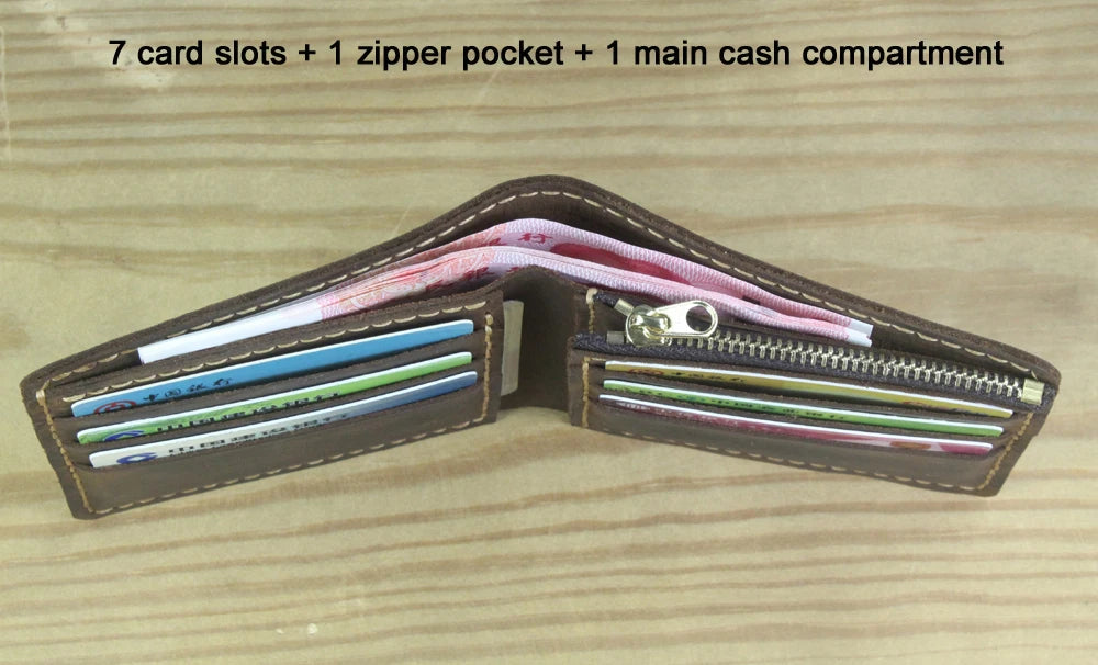 Luxury Handmade Genuine Leather Men Wallet Bifold Purse Male Wallets Short Money Clip Vintage Leather Money Bag with zip pocket