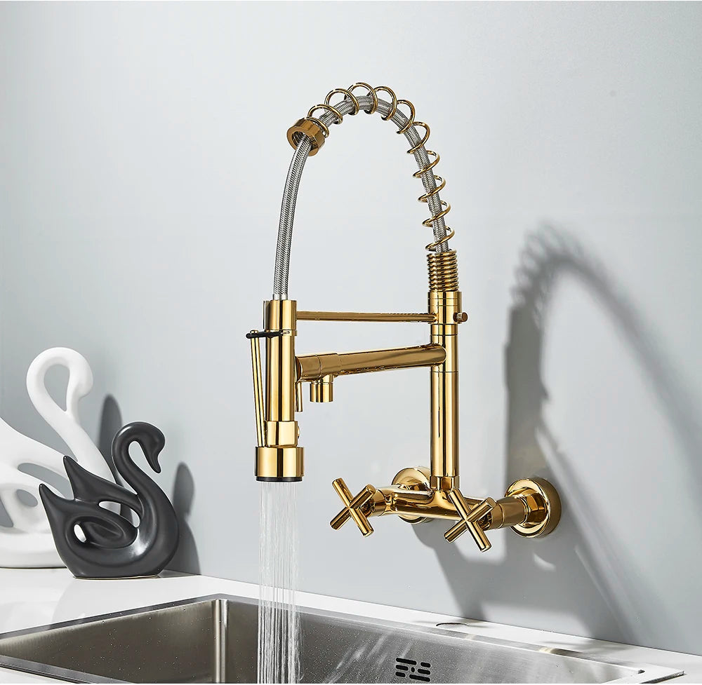 Gold Black Kitchen Faucet Wall Mount Pull Down Tap Vessel Sink Hot Cold Water Mixer Tap Spring Dual Swivel Spouts Sink Crane