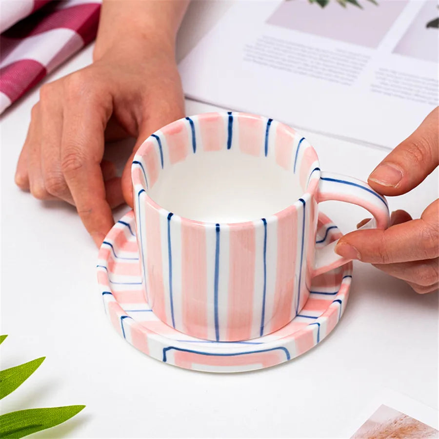 Minimalist striped hand drawn cup and plate set, ceramic milk coffee cup, 280ml/9.5oz afternoon tea coffee cup, household drinki