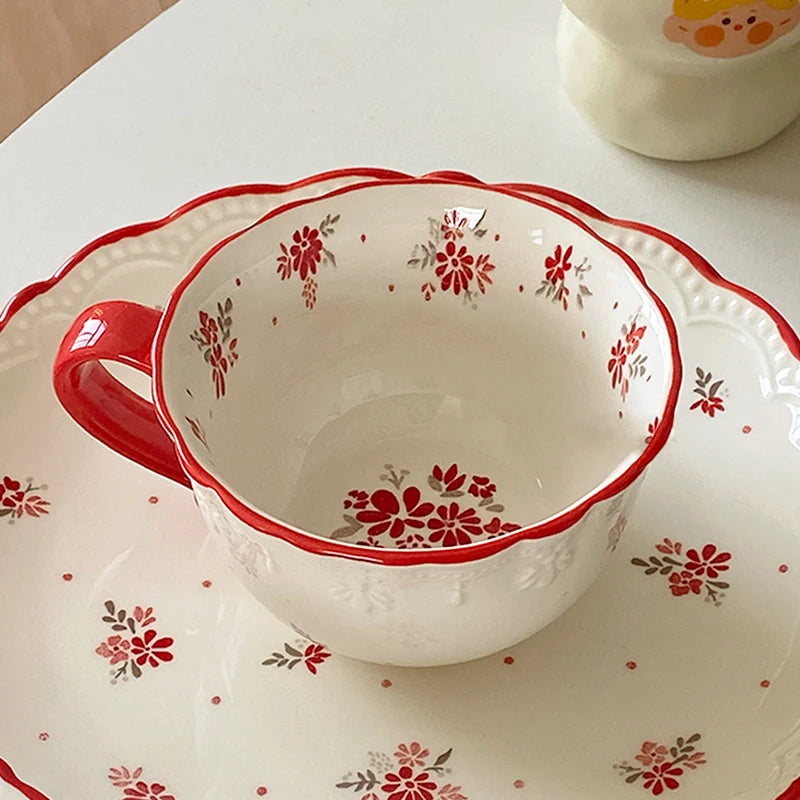 Vintage red floral underglaze relief lace ceramic coffee cup