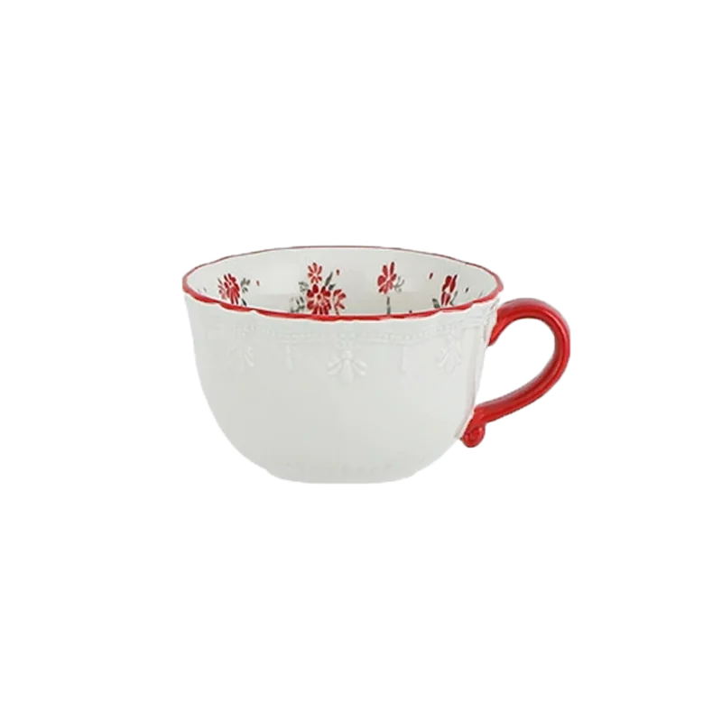 Vintage red floral underglaze relief lace ceramic coffee cup