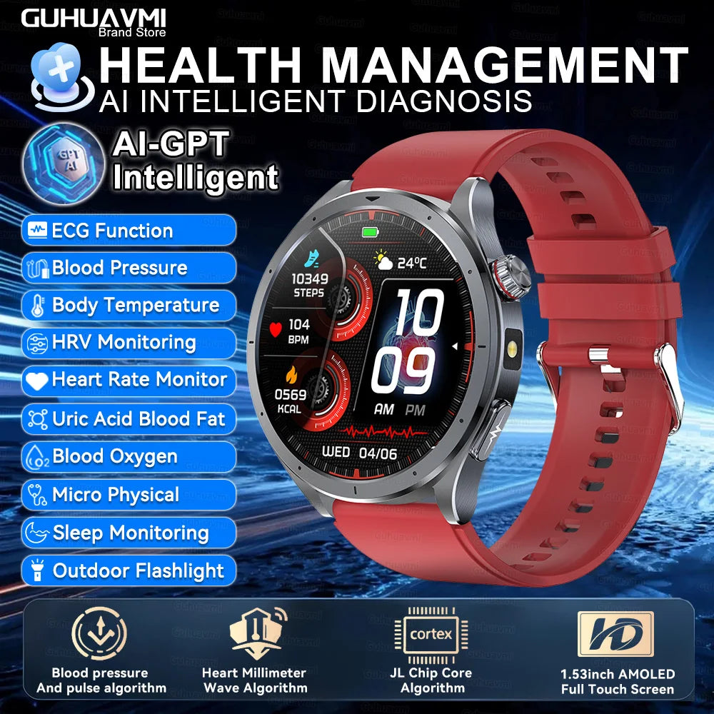 2026 New Body Fat Analysis Health Smart Watch ECG+PPG Uric Acid Blood Pressure Blood Oxygen Clock Call Smart Watch For Men Women