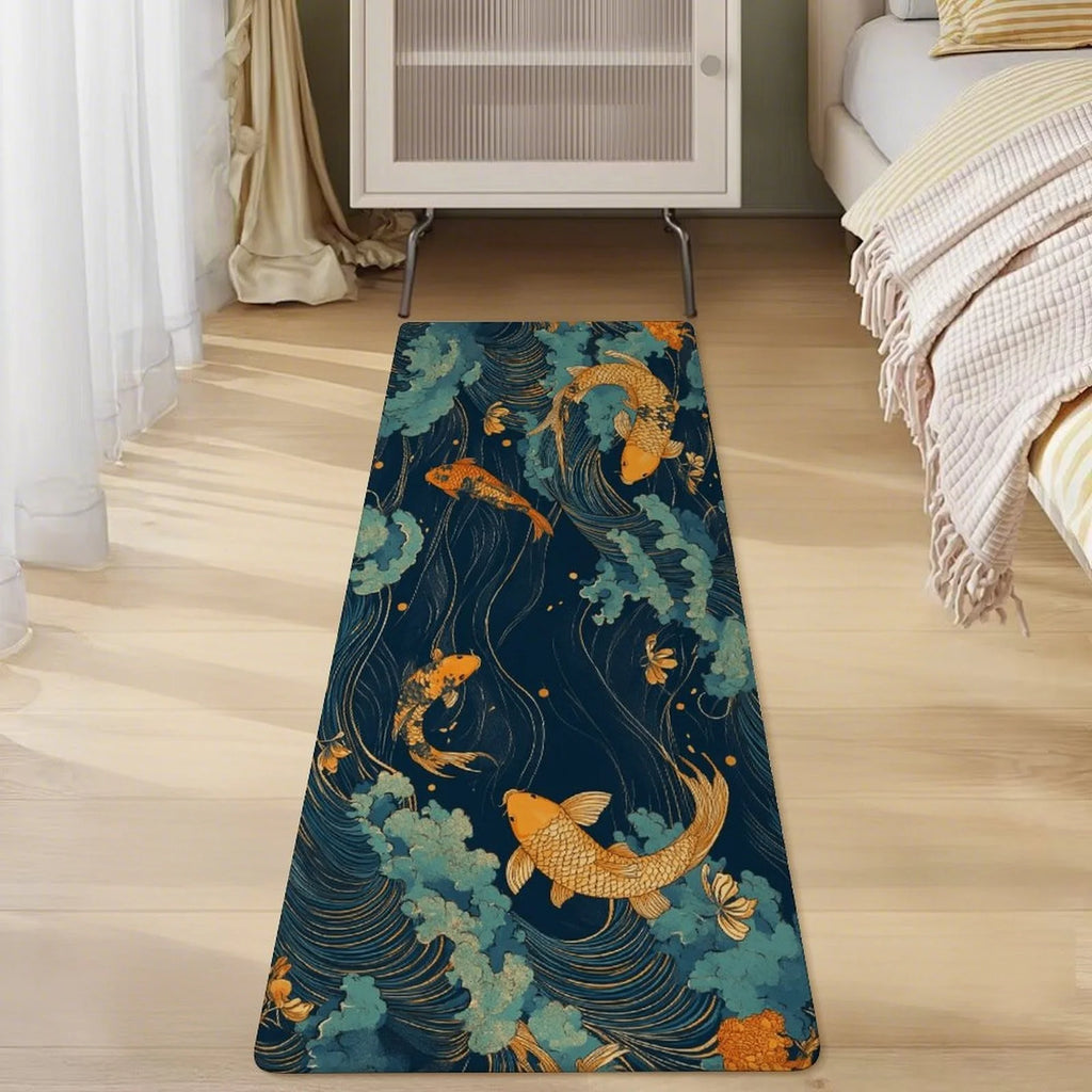 Japanese Koi Fish Kitchen Runner Rug, Non-Slip Washable Floor Mat with Ocean Wave Art Print for Kitchen, Bedroom, Bathroom Area