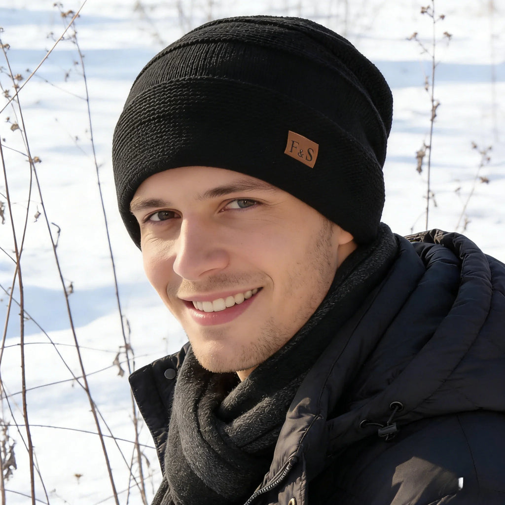 New Unisex Slouchy Winter Hats Add Fur Lined Men And Women Warm Beanie Cap Casual Label Decor Winter Knitted Hats