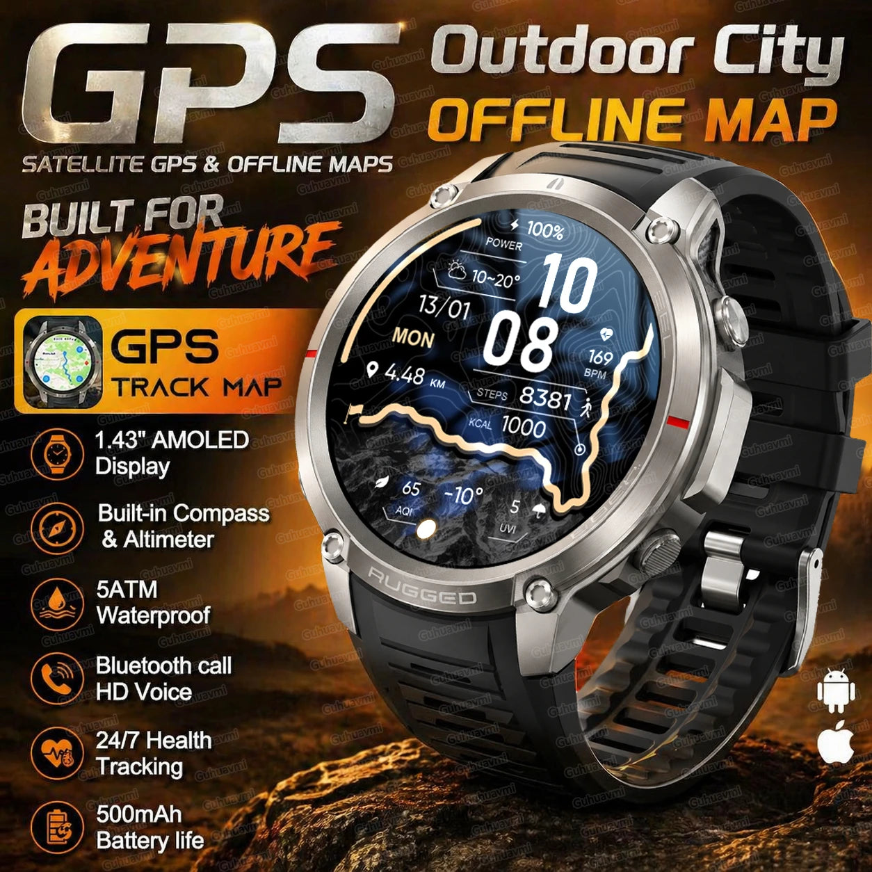 2026New Outdoor GPS Smart Watch Offline Maps Download Compass Tracking 5ATM Waterproof Tactics Sport Smart Bracelet For Men gift
