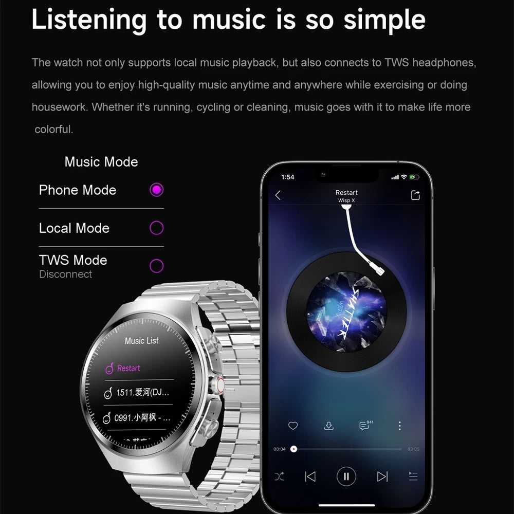 Music Smartwatch With Built-in Headphones Heart Rate Health Monitor 1.43-inch AMOLED HD Screen Men's Watch Women Sports Modes